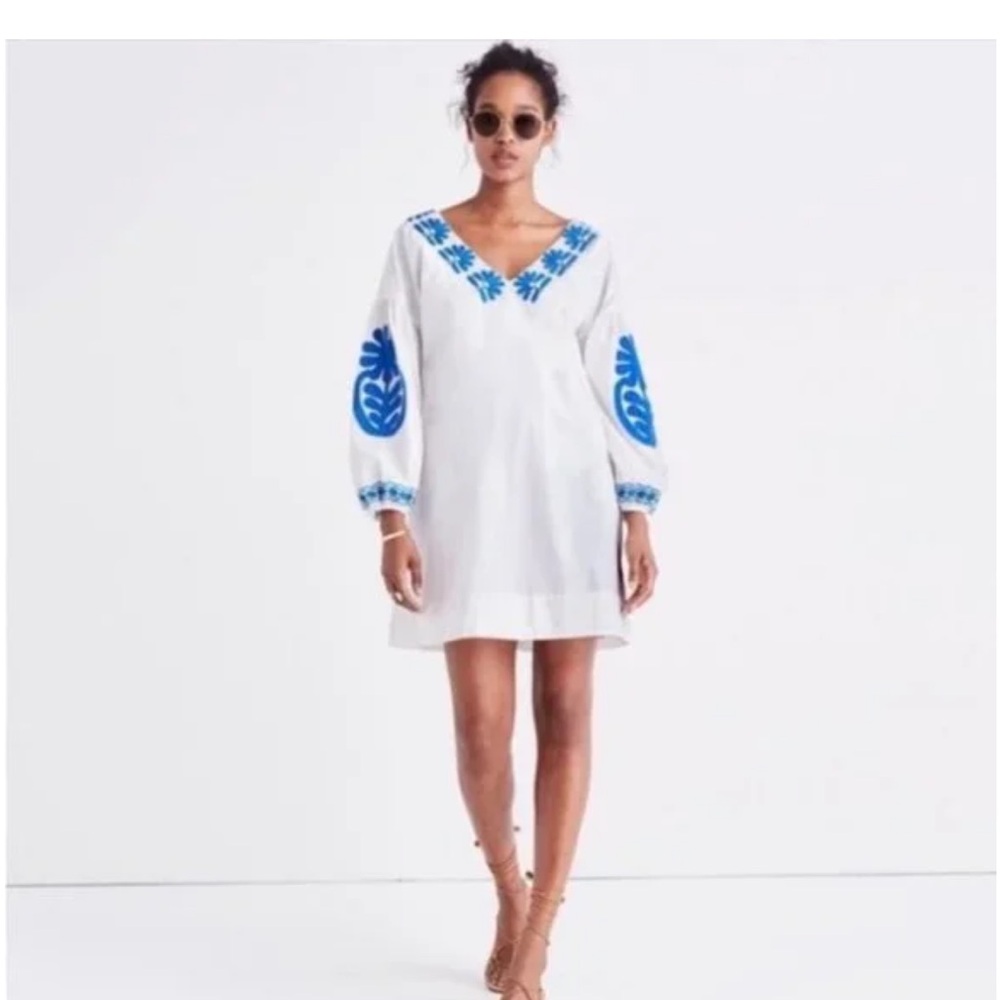 Madewell Bianca Dress White and Blue Embroidered Puff Sleeve Blouse